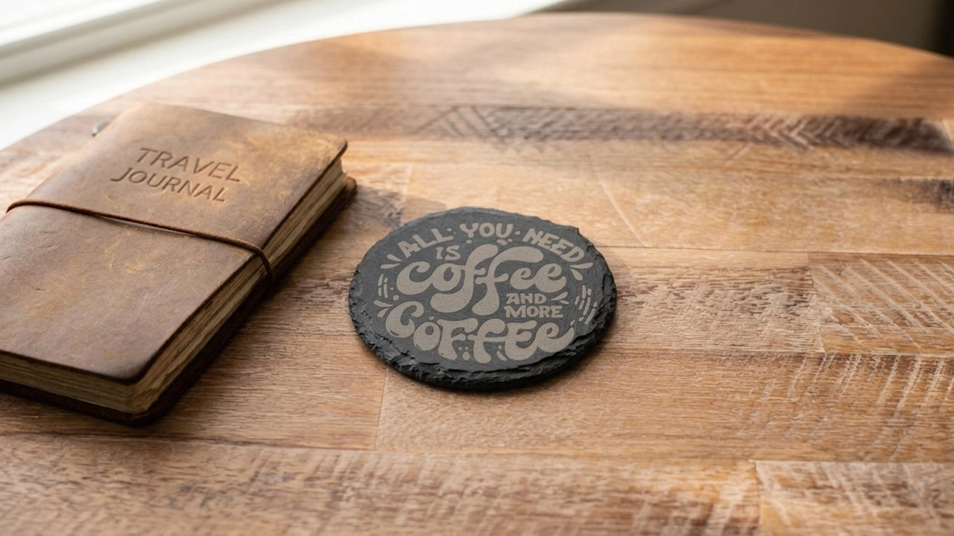Laser engraved slate coaster with custom coffee design, ideal for personalised gifts, cafés, corporate branding, and handmade product businesses.