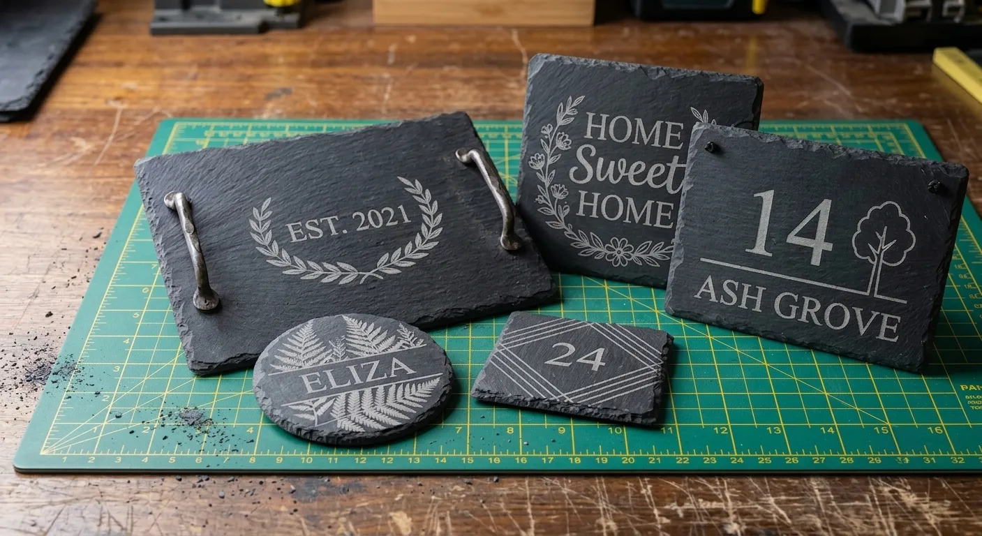 Laser-engraved slate signs and coasters