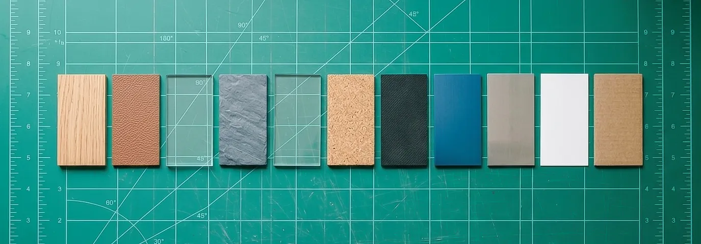 Equal-sized samples of wood, leather, acrylic, slate, glass, cork, rubber, anodised aluminium, stainless steel, paper, and cardboard arranged in a straight row on a green cutting mat