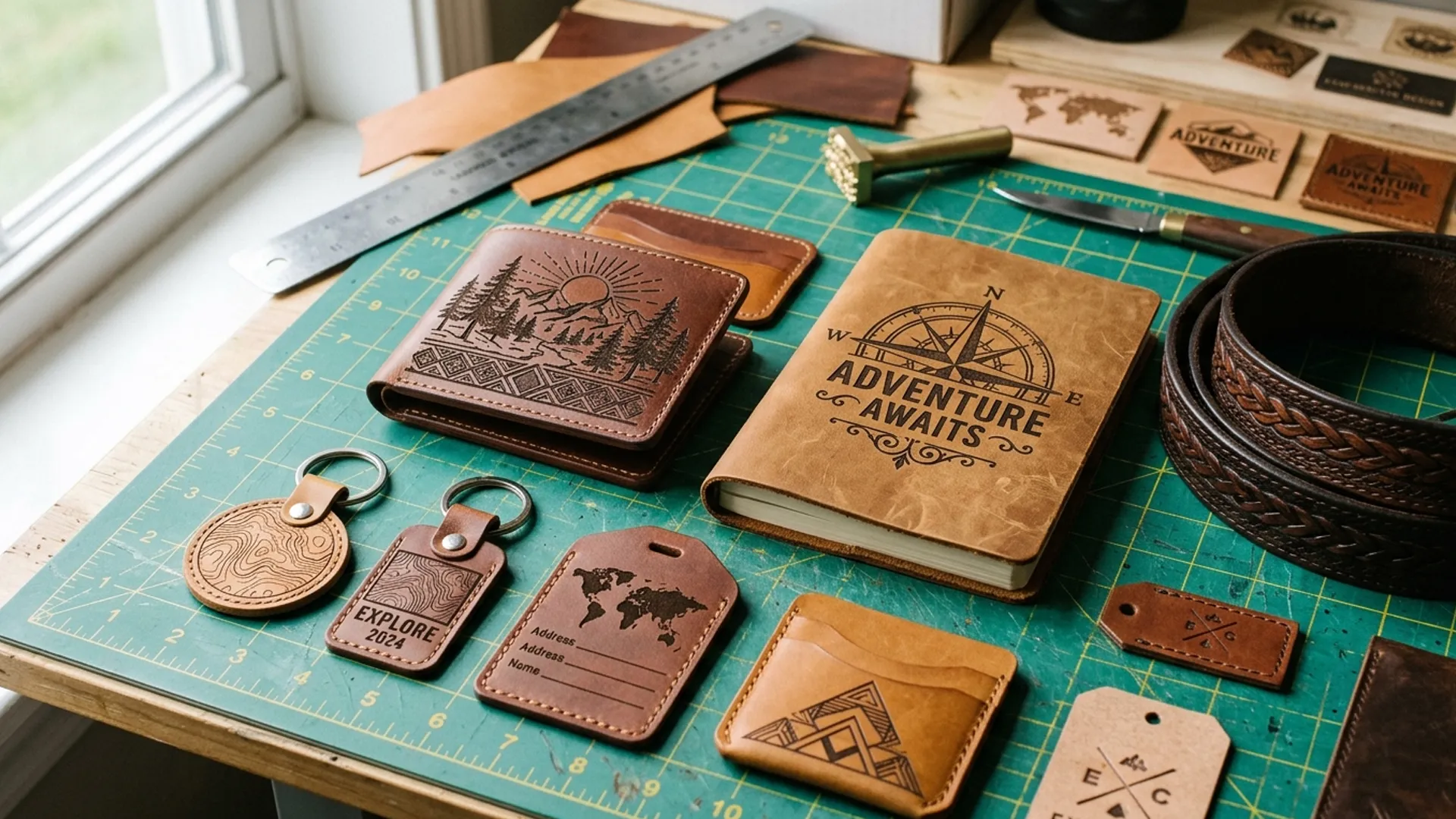 Flat lay product photograph of laser-engraved brown leather goods—including a wallet, journal, belt, keychains, and luggage tag—arranged on a green grid cutting mat in a workshop setting.