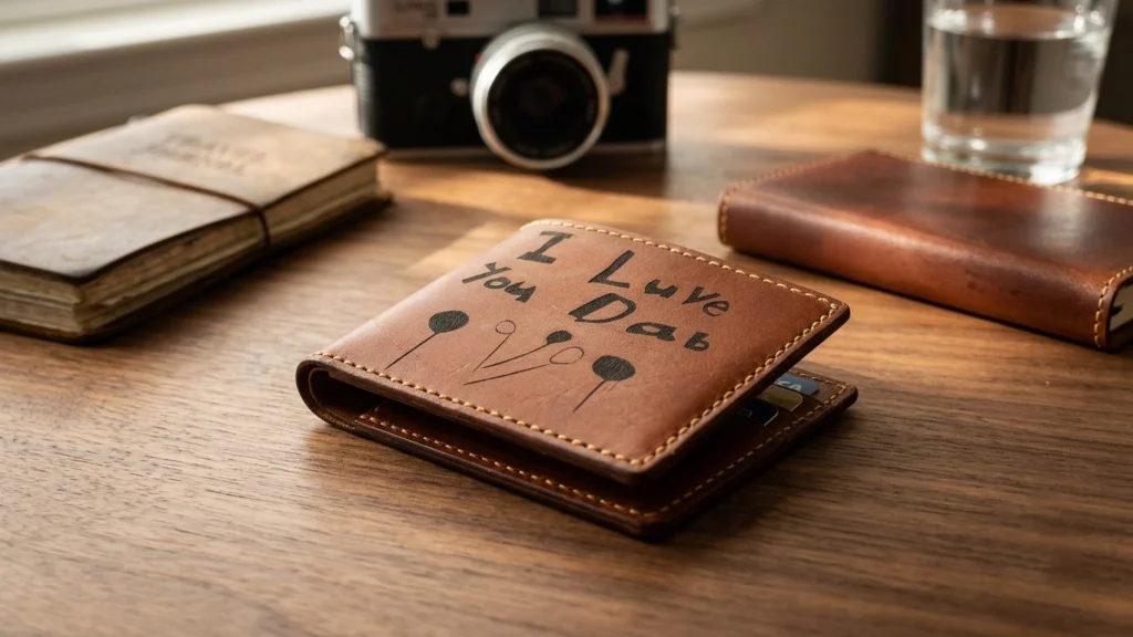 Laser engraved leather wallet with a custom message, ideal for personalised gifts, birthdays, anniversaries, and promotional products
