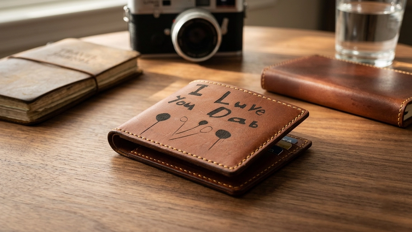 Laser engraved leather wallet with a custom message, ideal for personalised gifts, birthdays, anniversaries, and promotional products