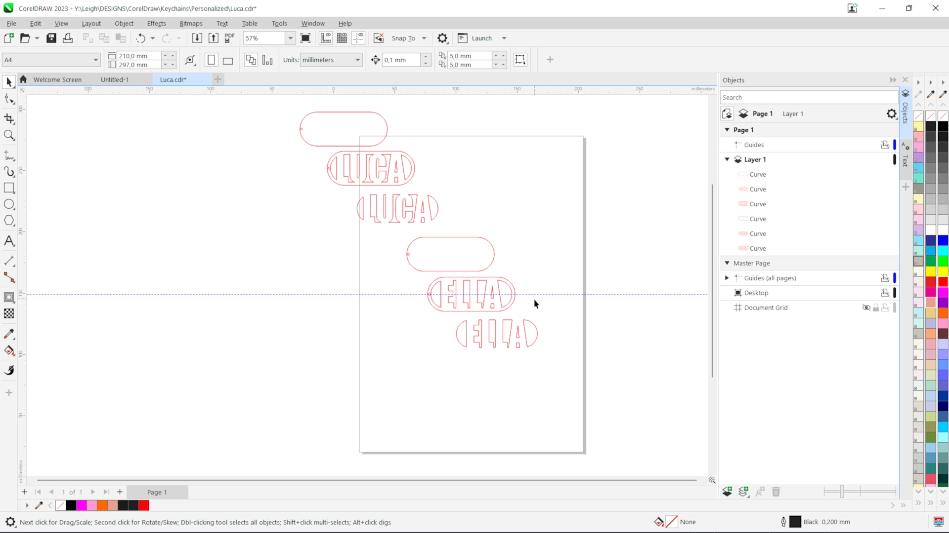 Repeated acrylic keychain designs arranged in CorelDRAW for laser cutting