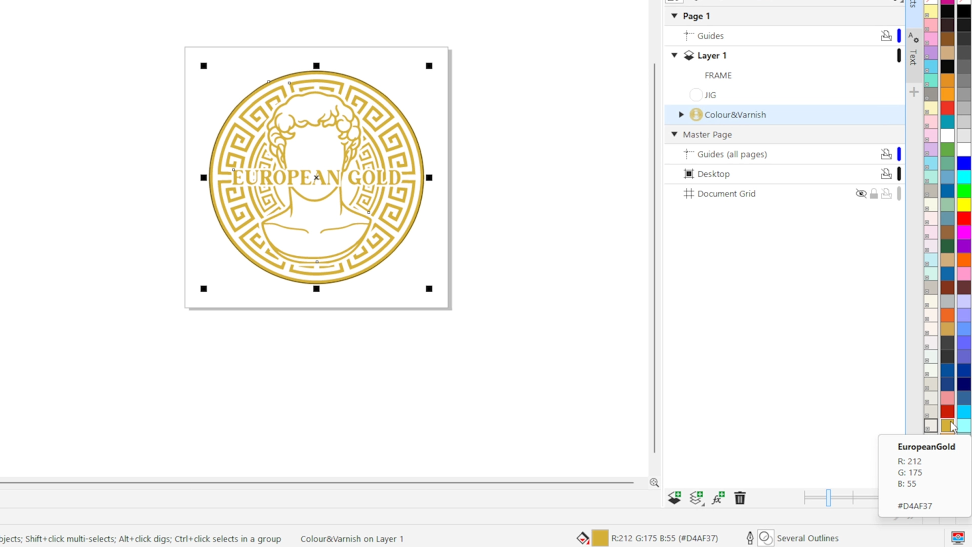 CorelDRAW artwork with a European gold colour applied to a circular design for gold UV printing.