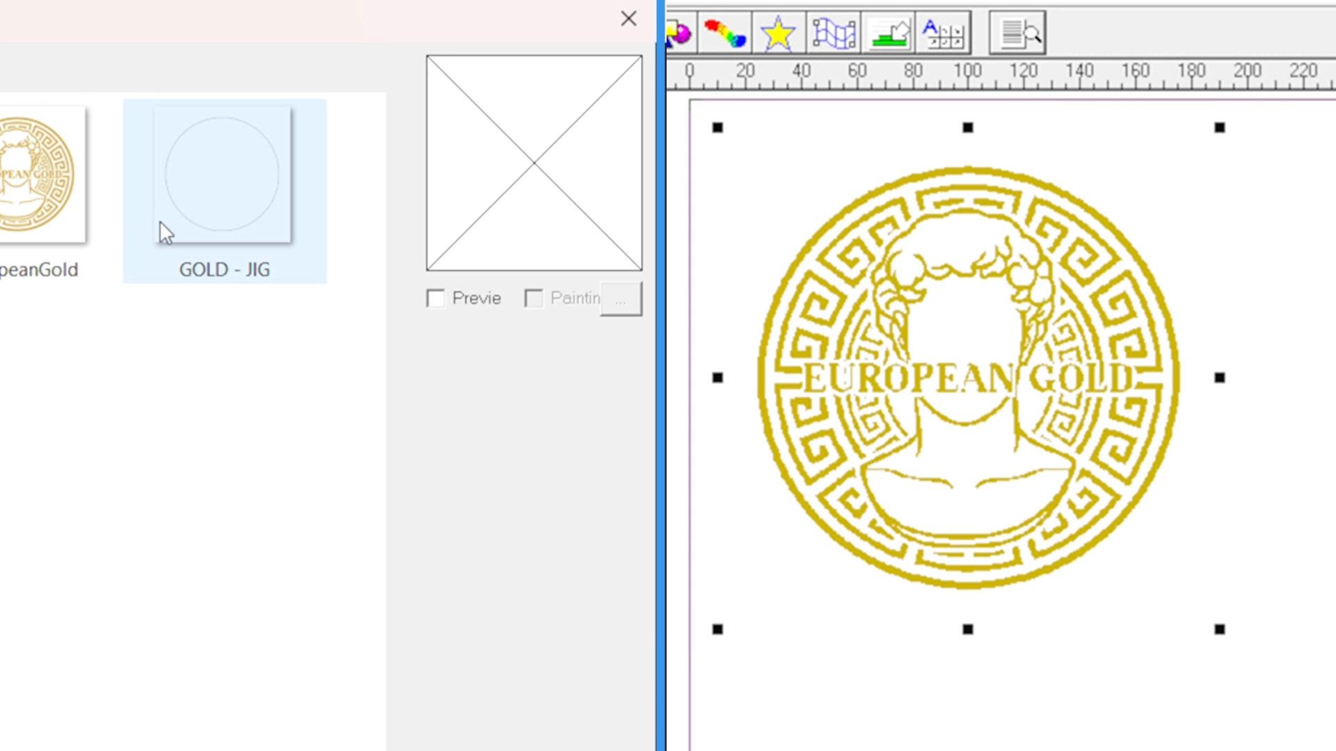 RIP software showing a gold artwork file and matching jig template prepared for aligned gold UV printing.