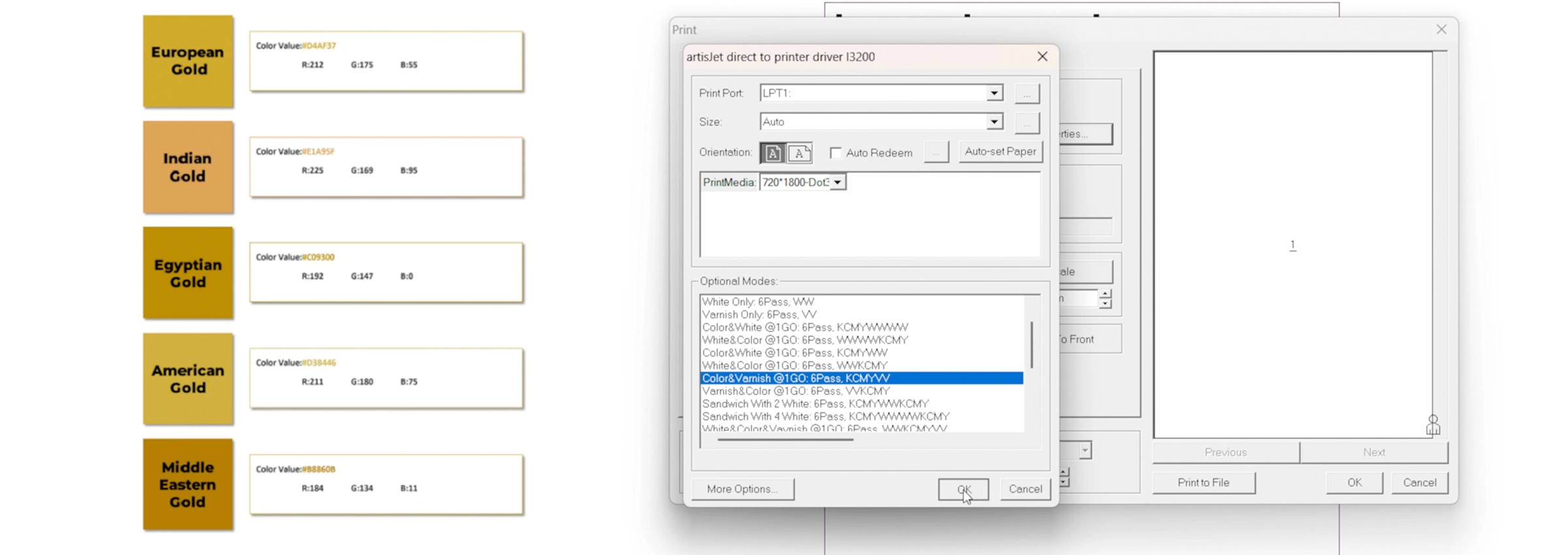 Saved gold colour values and ArtisJet colour-and-varnish print settings for repeatable gold UV printing.