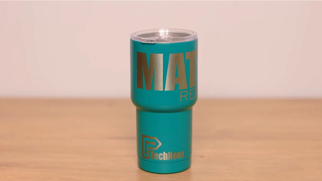 Custom laser engraved tumbler with metallic logo branding, ideal for personalised drinkware, corporate gifts, and promotional products.