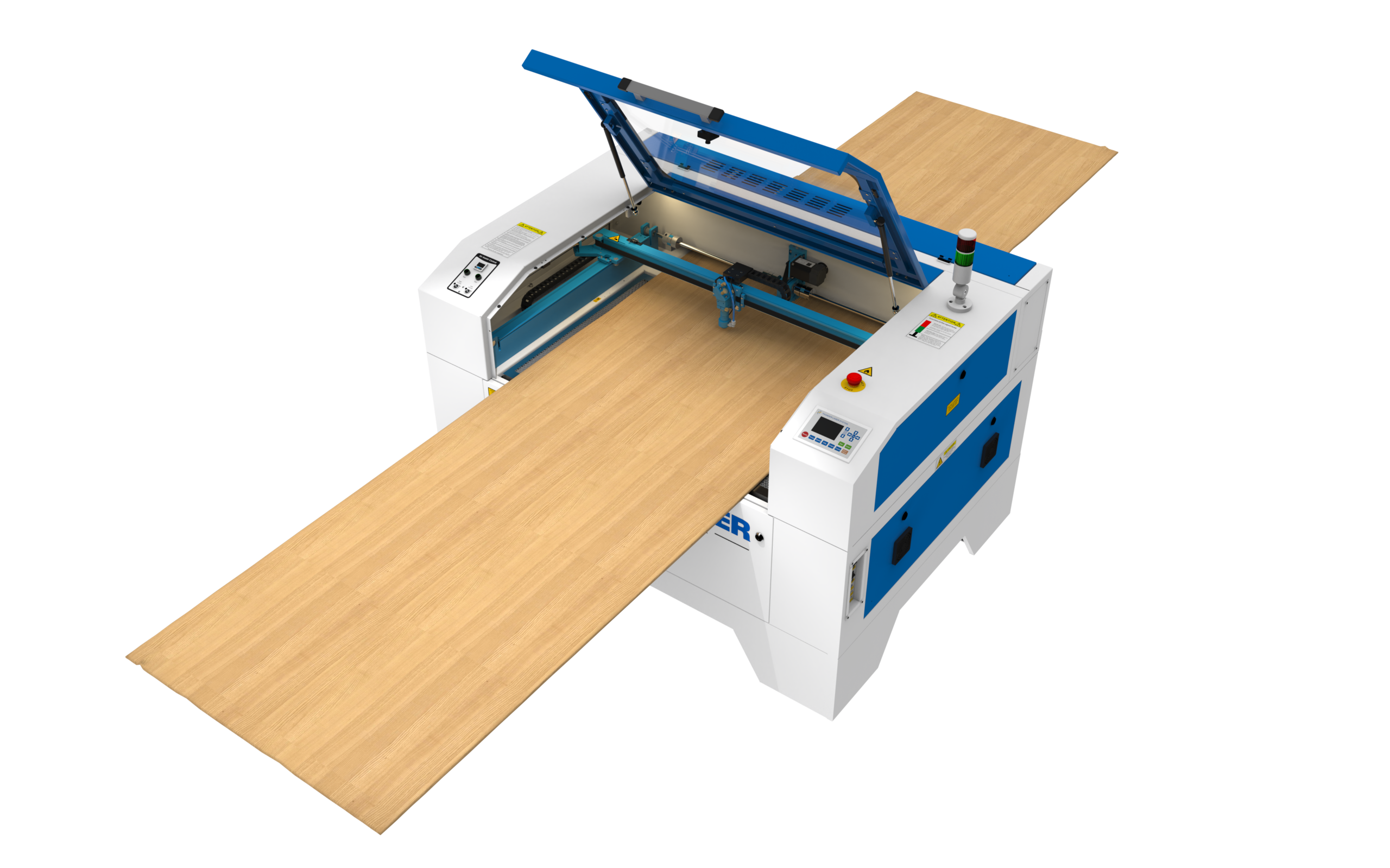 Thunder Laser machine with two-way pass-through, shown cutting or engraving a long wooden sheet with the lid open.