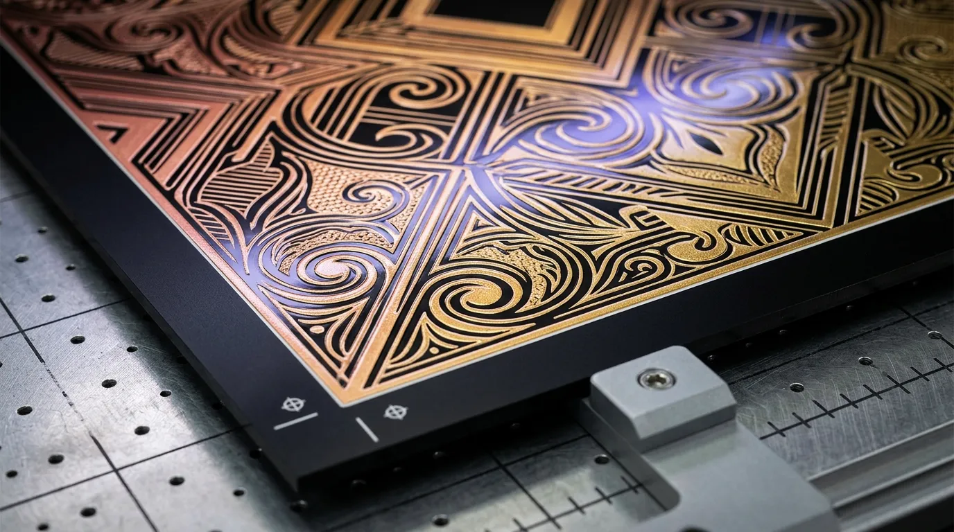 Close-up of an ornate metallic gold UV print on a black acrylic panel positioned on a UV flatbed printer