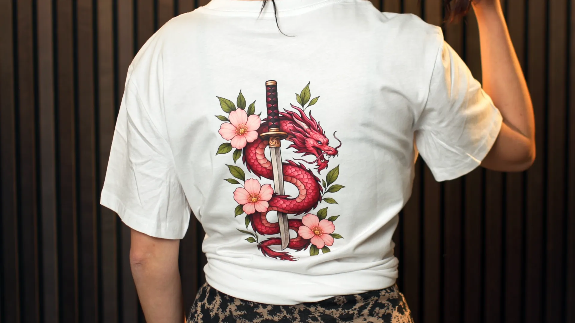 White T-shirt with a red dragon, sword and floral DTF print on the front