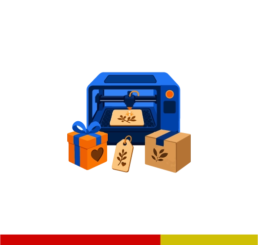 Desktop laser creating personalised items beside gift and order parcels