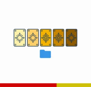 Five matching plaques in different metallic gold shades beside a colour palette and saved artwork folder