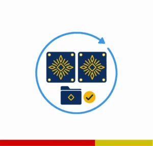 Two matching gold-printed plaques with saved artwork, colour palette, approval check and repeat arrows