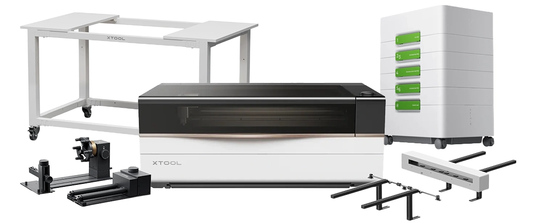 xTool P3 80W CO2 laser cutter all-in-one bundle with stand, conveyor feeder, rotary a