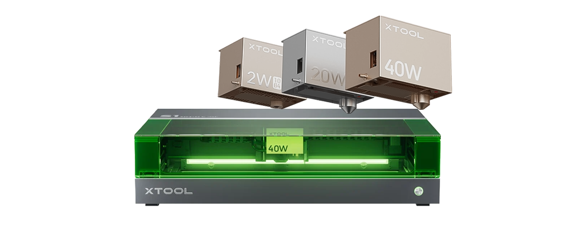 xTool S1 laser cutter shown with 2 W, 20 W and 40 W laser modules