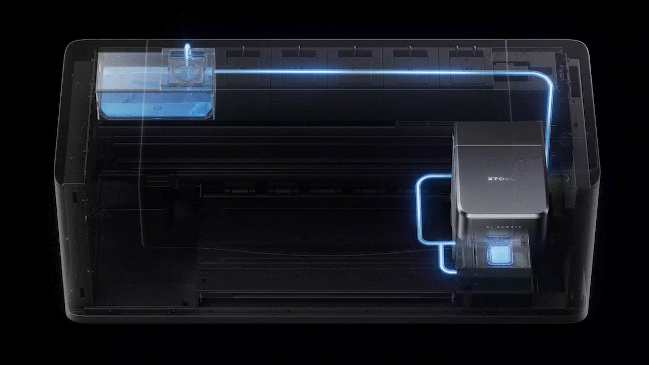 Internal view of the xTool Apparel Printer showing the automatic ink circulation path