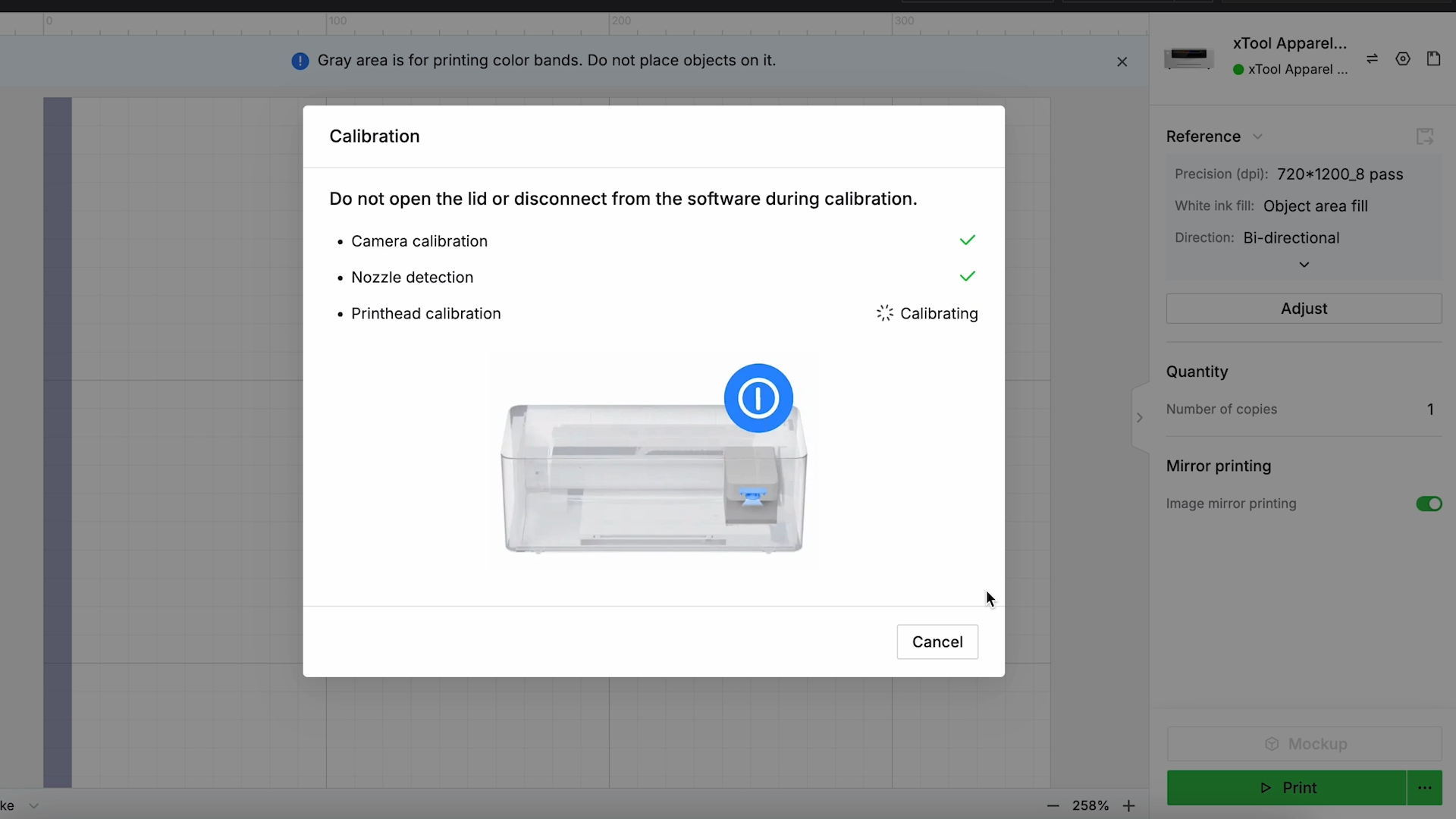 xTool Apparel Printer software calibration screen