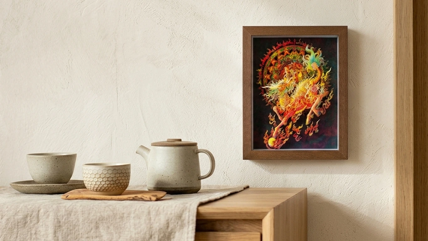 Colourful framed dragon artwork displayed above a wooden table with a ceramic teapot and cups.