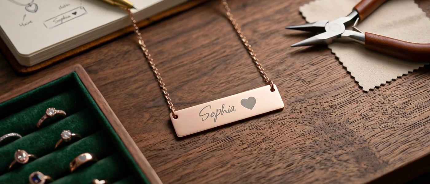 Rose gold bar necklace laser engraved with the name Sophia and a heart, displayed beside jewellery-making tools.