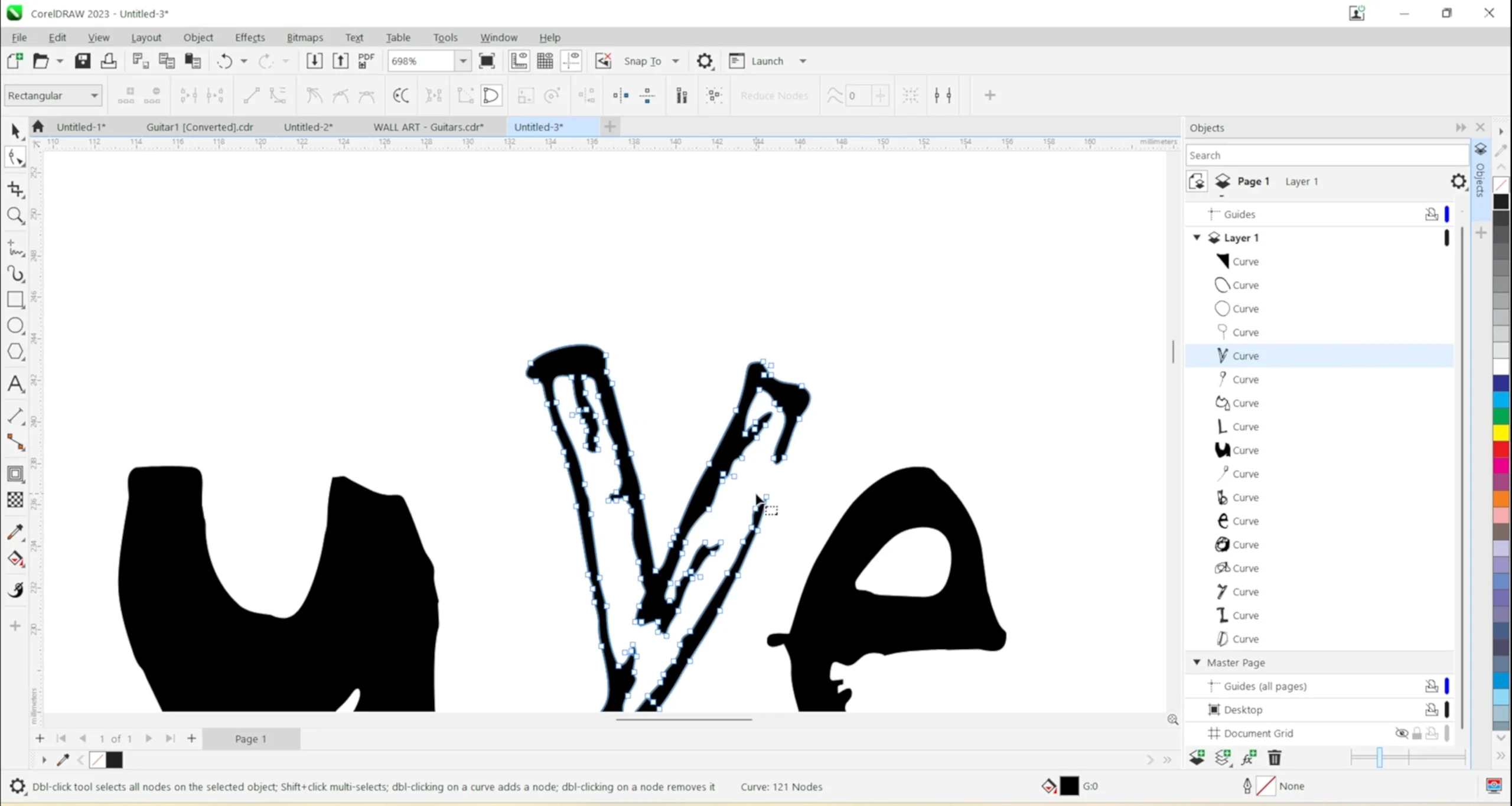 CorelDRAW editing vector nodes in handwritten artwork before leather engraving.