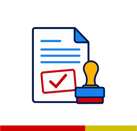 Company document with a rectangular stamp impression and rubber stamp handle