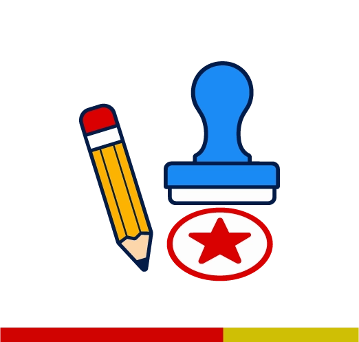 Pencil beside a rubber stamp and star stamp impression for teacher stamps