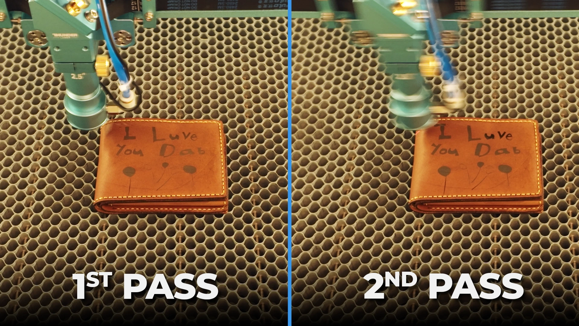 Leather wallet under a laser head showing the first and second engraving passes.