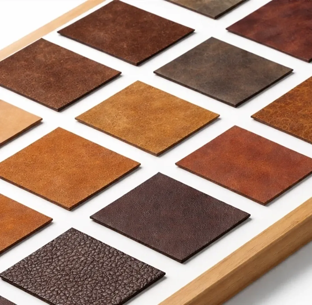 Assorted leather samples in different colours, finishes and textures arranged for comparison.