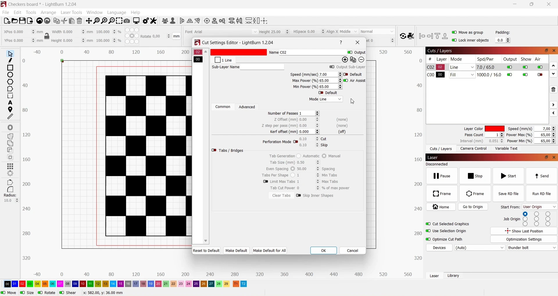 LightBurn cut settings for an acrylic checkers board showing speed, power and layer controls