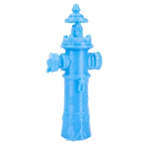 Blue 3D printed fire hydrant model with detailed fittings and surface texture.