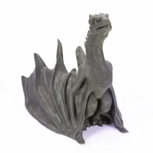 ark grey 3D printed dragon model with detailed scales, wings and surface texture.