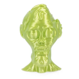 Green filament 3D printed character bust showing detailed facial features and visible print layers.