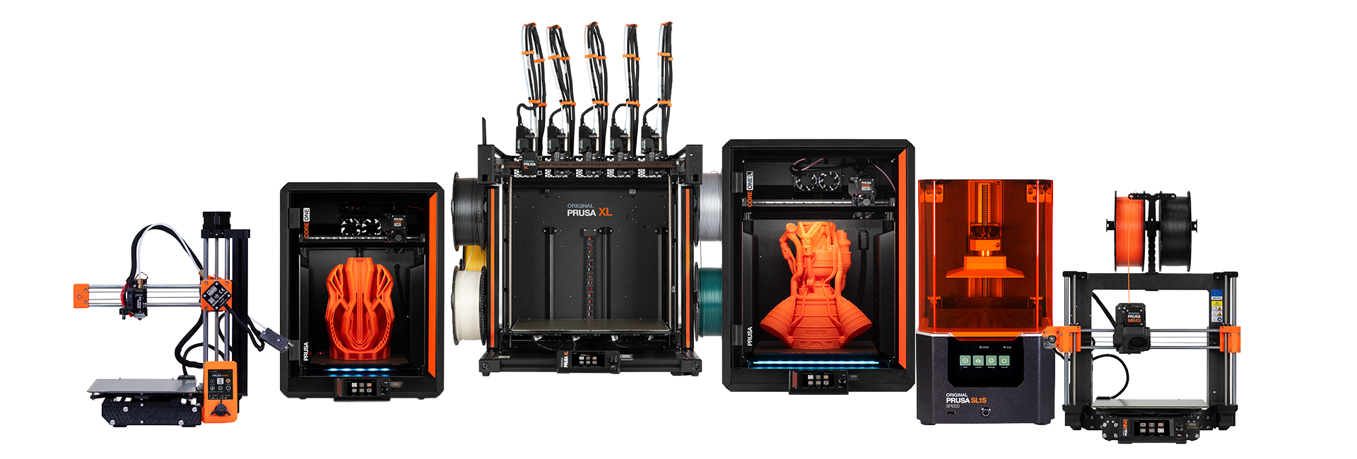 Range of Prusa 3D printers including compact, enclosed, large-format, multi-tool and resin models.