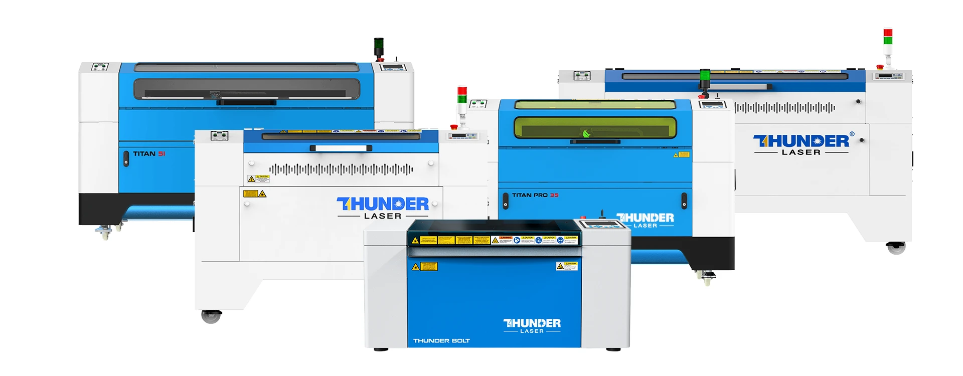Thunder Laser CO2 laser cutting and engraving machines, including Titan, Titan Pro and Thunder Bolt models.