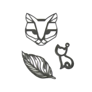 Black 3D printed fox, feather and decorative designs demonstrating thin and detailed filament printing.