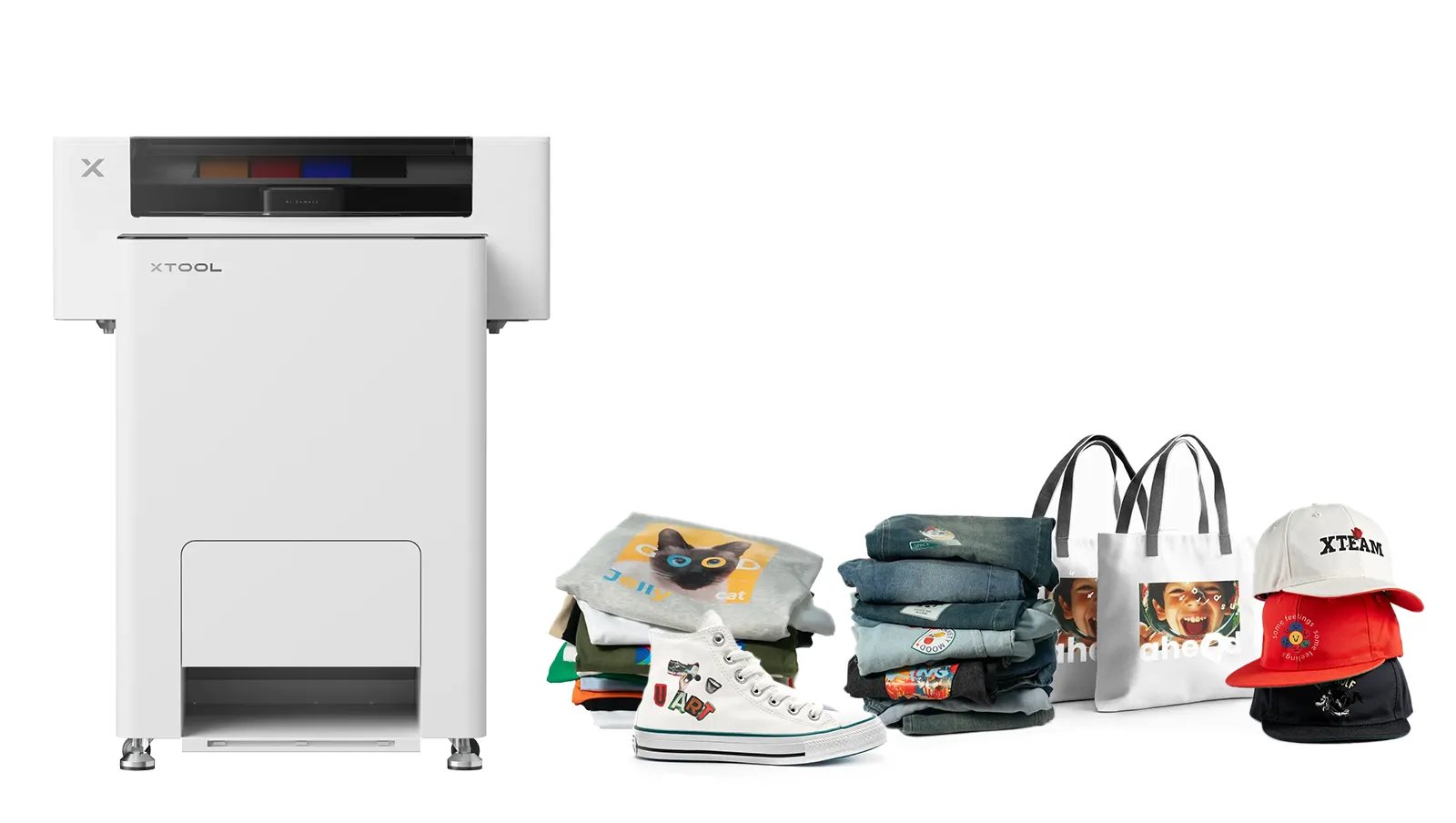 xTool Apparel Printer shown with custom printed T-shirts, tote bags, caps and shoes for personalised apparel production.