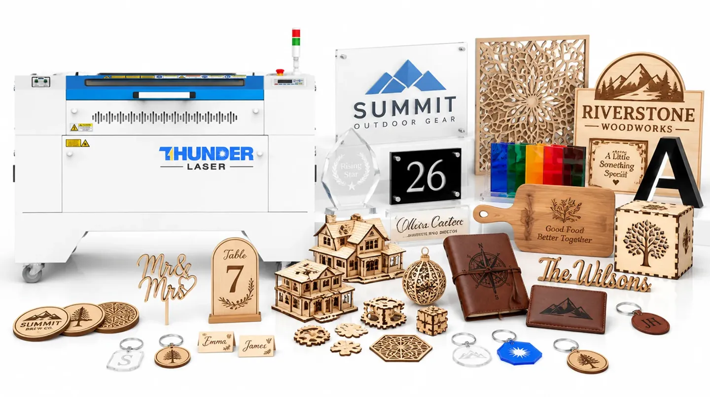 CO2 laser cutting and engraving machine with examples of engraved wood, acrylic, leather, awards, keyrings and personalised products.