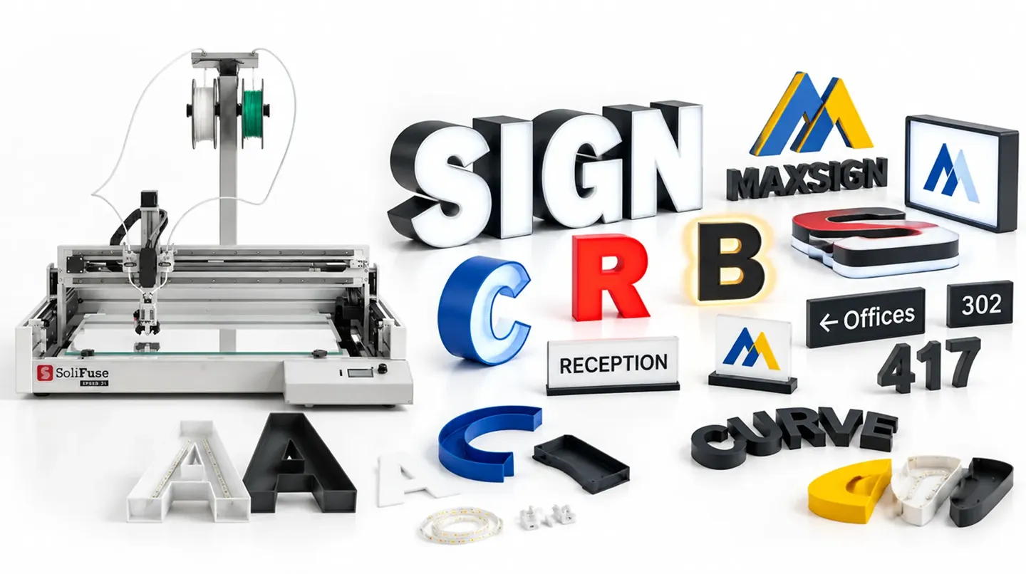 Channel letter bending machine with illuminated 3D letters, business signage, directional signs and fabricated channel letters.