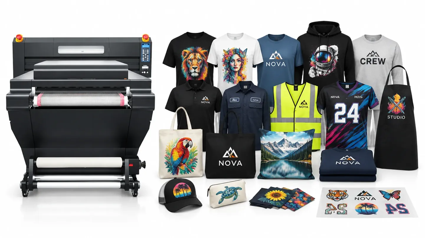 DTF printing machine with custom printed T-shirts, hoodies, workwear, tote bags, caps, aprons, cushions and transfer designs.