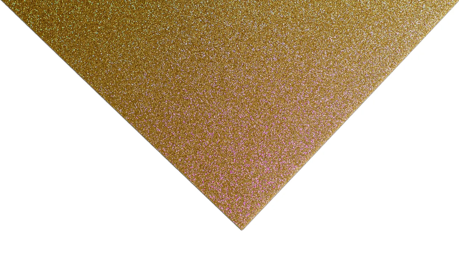 Gold-coloured glitter acrylic sheet with fine, even sparkle.