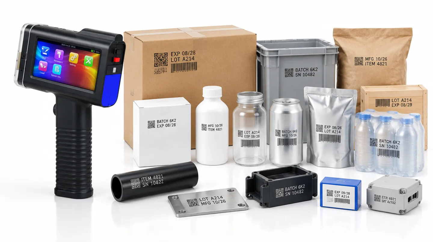 BENTSAI handheld inkjet printer with cartons, bottles, pouches, metal, plastic and timber showing batch codes, expiry dates, barcodes and QR codes.