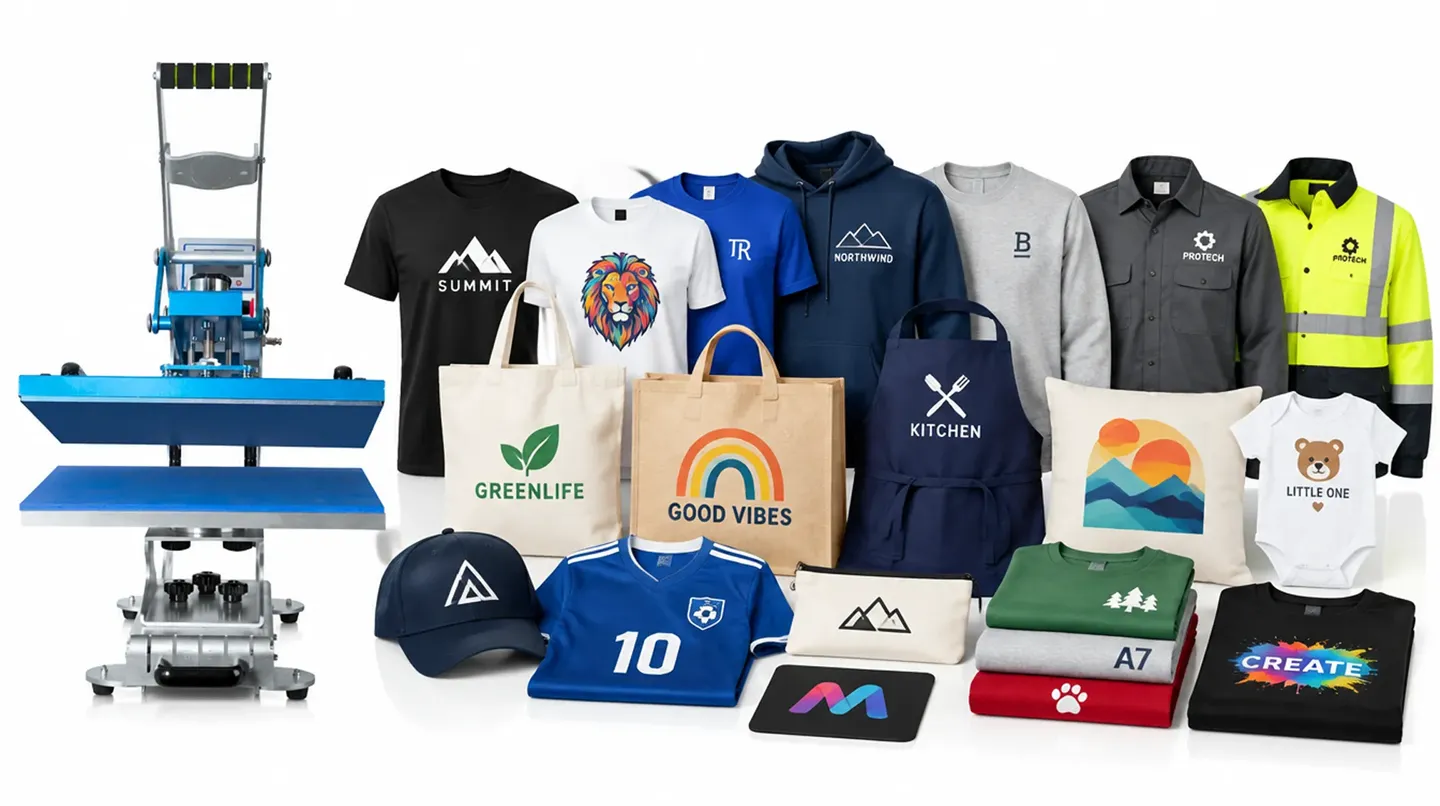Heat press machine with custom T-shirts, hoodies, workwear, sportswear, tote bags, caps, aprons, cushions and baby clothing.