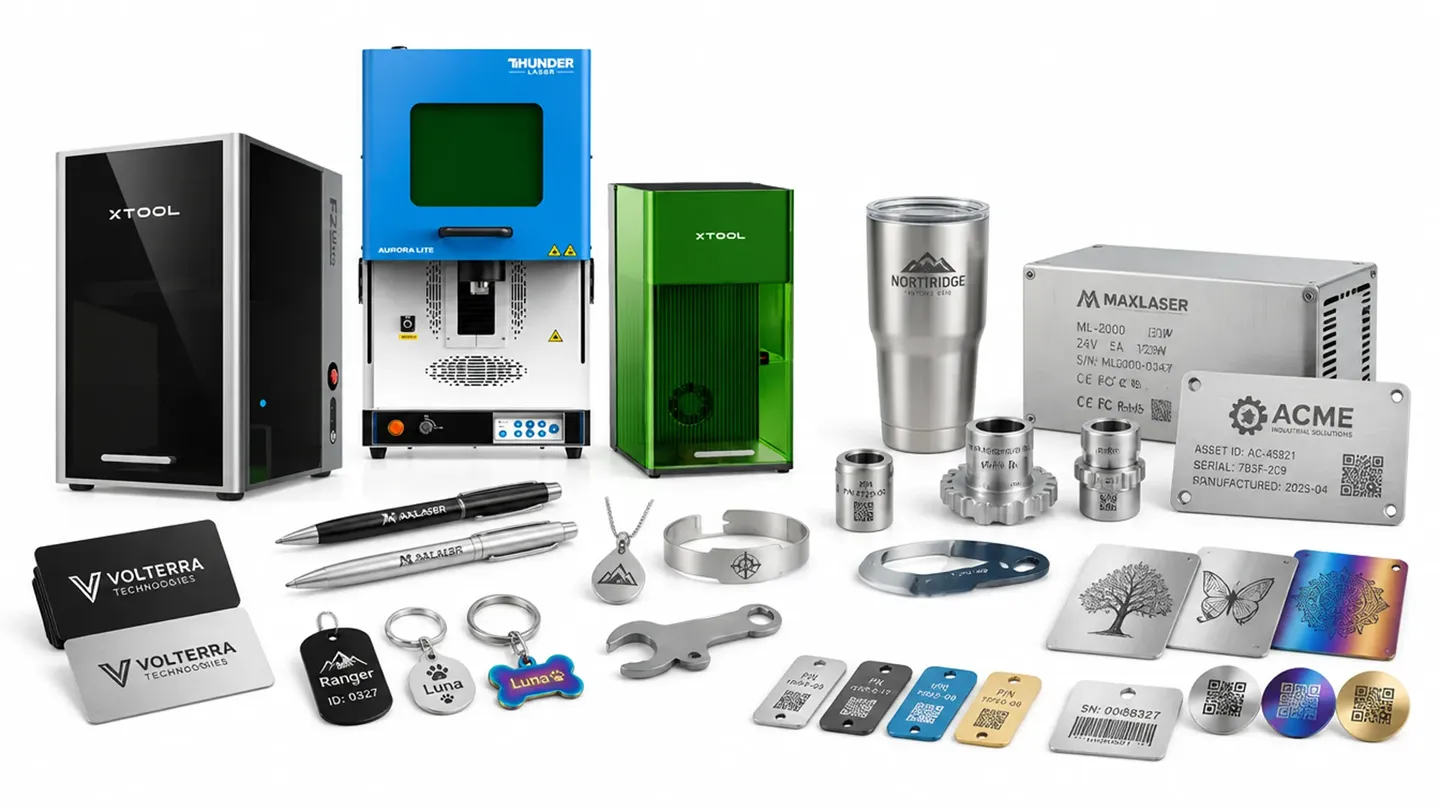 Laser marking machines with engraved metal tumblers, pens, jewellery, tools, identification plates, QR codes, tags and keyrings.