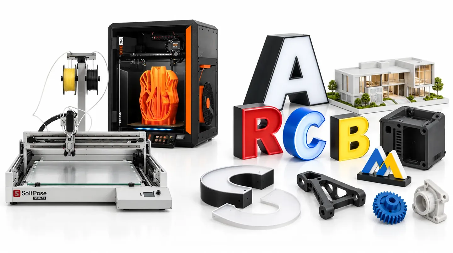 SoliFuse and Prusa CORE ONE 3D printers on the left, with dimensional signage letters, an architectural model and prototype parts on the right.