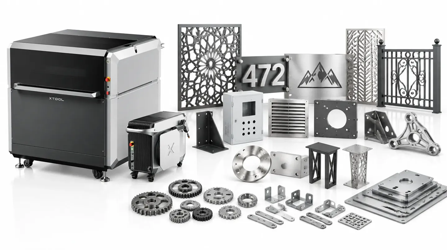 Metal laser cutting machine with precision-cut gears, brackets, panels, signage, decorative screens and fabricated metal components.