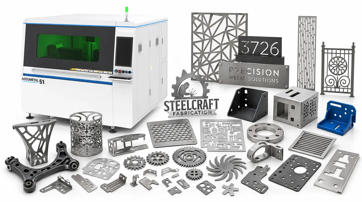 Thunder Laser Accurl Metal 51 laser cutting machine surrounded by precision-cut metal fabrication samples, including brackets, gears, panels, signs, decorative screens and industrial components.